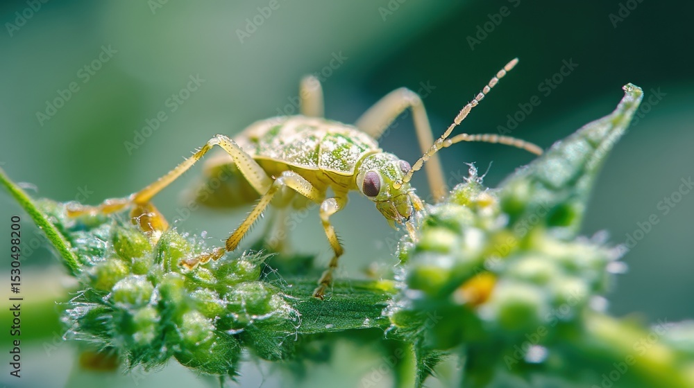 Naklejka premium A small green insect crawls on a green flowering plant