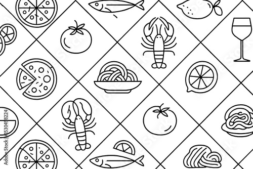 Colorful food illustrations showcasing seafood, pasta, and pizza in a repeating pattern on a white background