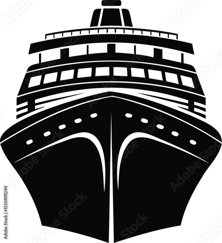 Front view of cruise ship silhouette vector icon, ideal for tourism brochures, marine transportation branding, ocean travel logos, or nautical posters