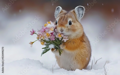 The pika carries small bunches of flowers