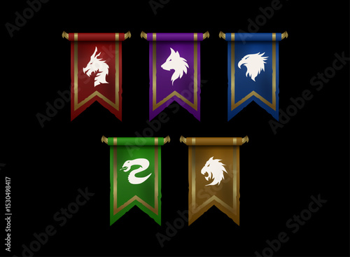 fantasy rpg medieval banner flags, colorful set pennant game icon with dragon, wolf, eagle, snake, lion house clan heraldic symbol emblem