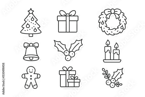 Festive holiday-themed outline stickers featuring tree, gifts, wreath, and gingerbread for creative projects