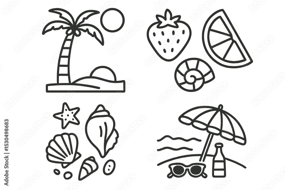 Fototapeta premium Colorful beach elements featuring palm trees, fruits, and seashells on a sunny day