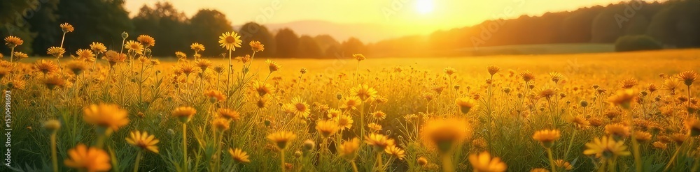 Fototapeta premium Golden sunlight bathes a vast field of wildflowers swaying gently in a warm summer breeze The vibrant colors and textures create a breathtaking scene of rural tranquility , natural, red