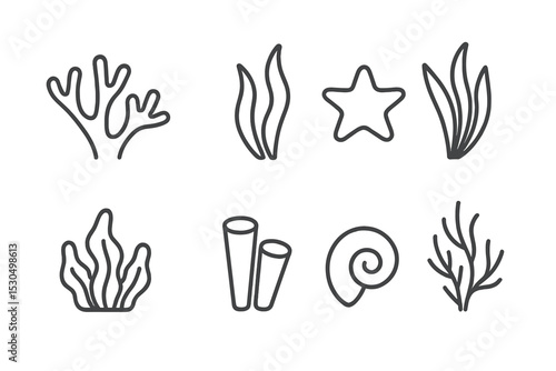 Simple line drawings of underwater plants and marine life showcase diverse aquatic organisms in a minimalist style