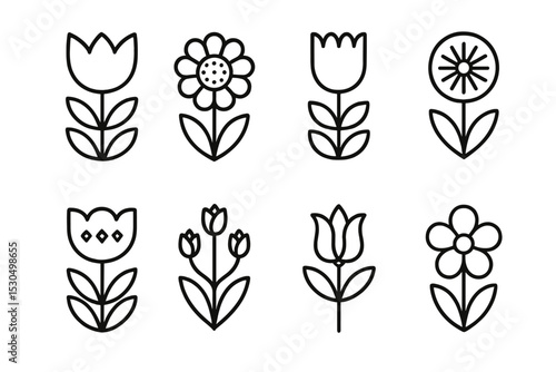 Various simple floral designs in black outline showcasing diverse shapes and styles for artistic inspiration
