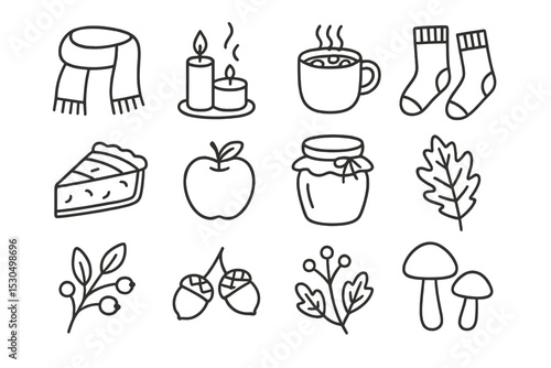 Cozy autumn elements featuring warm drinks, seasonal fruits, and comforting home decorations in a cozy indoor setting