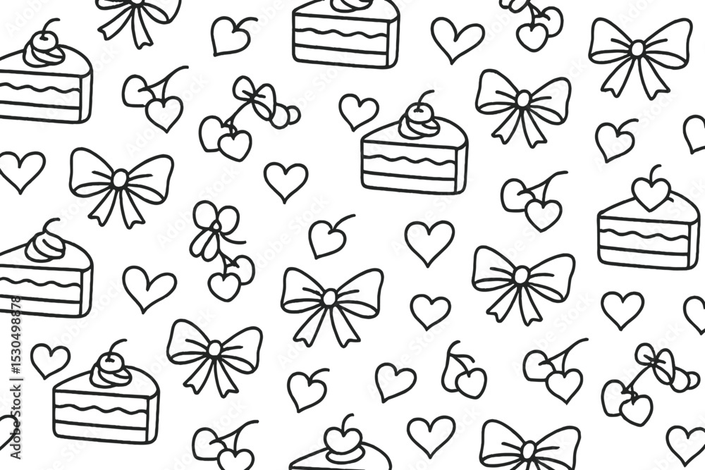 Fototapeta premium Pattern of cakes, cherries, and bows in a playful black and white design for festive celebrations and events