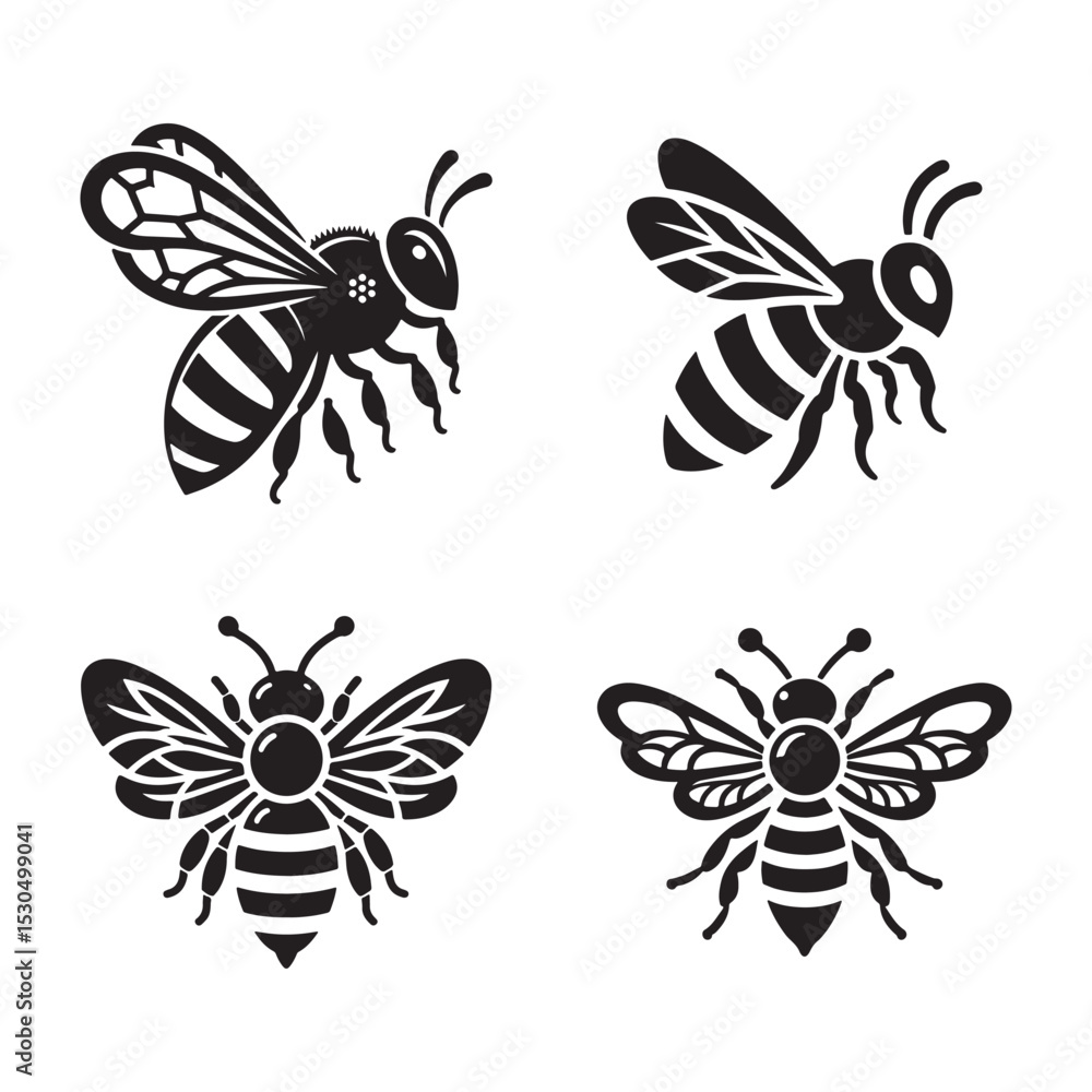 Obraz premium Bee Silhouette Vector Set – Insect Clipart Icons for Design