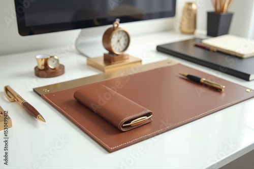 Wallpaper Mural A desk with a leather pad, pens, clock, and computer monitor on it Torontodigital.ca