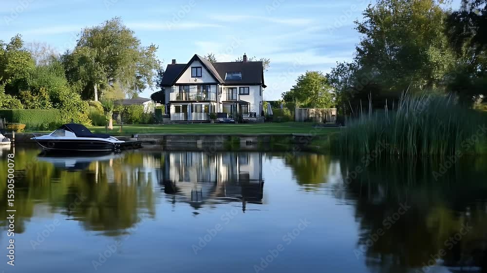 Reflective Waterscape Featuring a Charming White House with Black Trim near Lake During Sunny Day Tranquil Water Reflection of a Countryside Architecture Reflective Waterscape Featuring a Charming White House with Black Trim near Lake During Sunny Day Tranquil Water Reflection of a Countryside Architecture