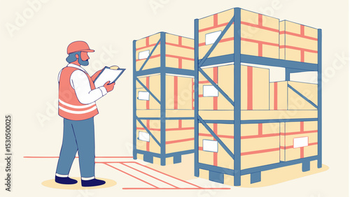 Warehouse worker with clipboard inspecting shelves filled with boxes in a storage facility area space
