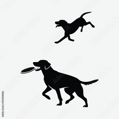 A  dog running with a frisbee silhouette design vector art and illustration	