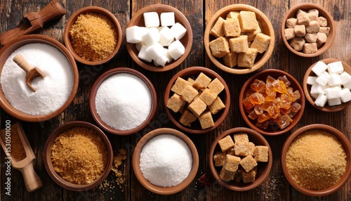 Assorted sugars and sweeteners in small wooden bowls with various textures and colors