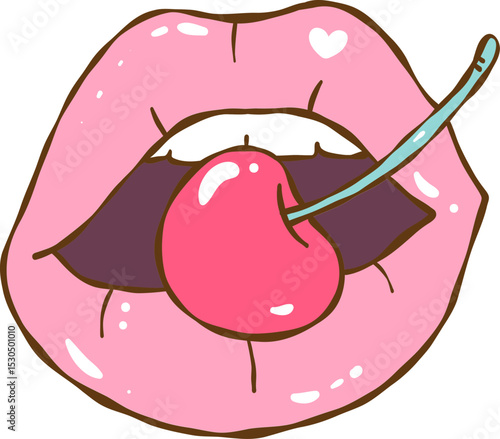 Glossy pink lips biting a cherry in bold kawaii hand-drawn style
