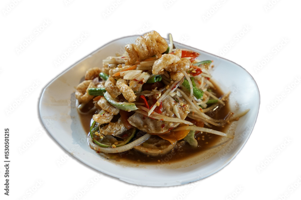 Isolated dish of Thai spicy papaya salad with raw shrimp Isolated dish of Thai spicy papaya salad with raw shrimp
