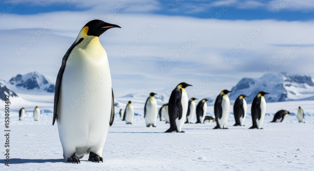 Fototapeta premium Emperor penguin antarctica snow wildlife arctic bird cold nature animal frozen landscape group