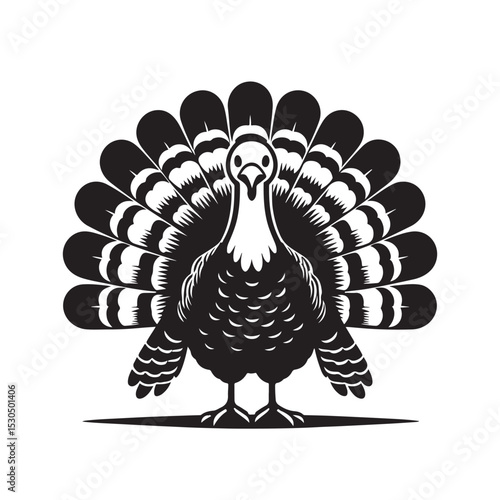 Black and white turkey silhouette illustration on white background