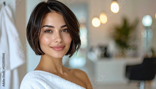 portrait of a brunette model with short hair wearing a white bathrobe in the salon, fashion photography	