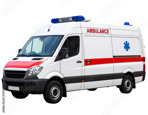 standard Emergency Ambulance with Red and White Markings, side view, isolated on a transparent background.