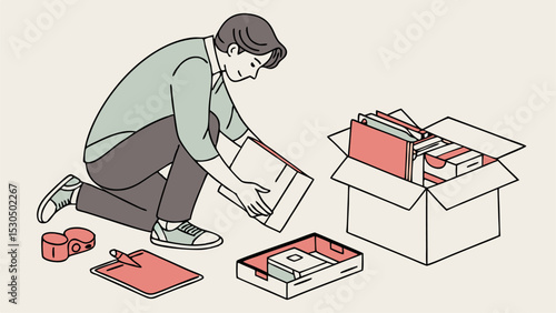 Person kneeling and packing items into a cardboard box with other boxes and supplies nearby on the floor
