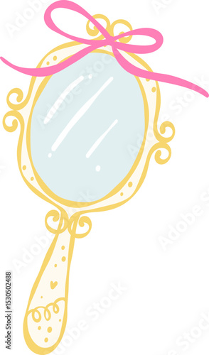 Vintage handheld mirror with ornate frame in pastel kawaii hand-drawn styl