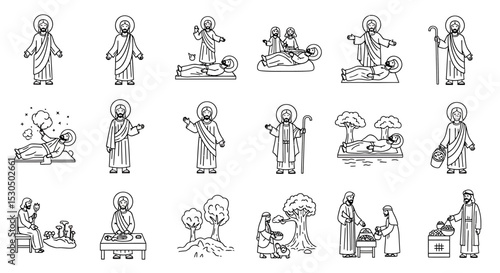 Line Art Illustrations of Jesus Christ Performing Miracles and Teachings