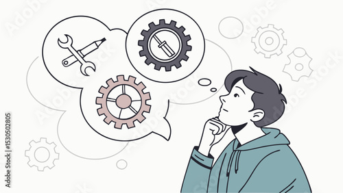 A person thinking about gears, wrench, screwdriver, and pencil in a thought bubble and gears in background