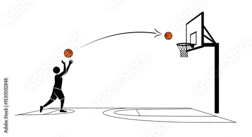 Basketball player shooting ball towards hoop with trajectory line