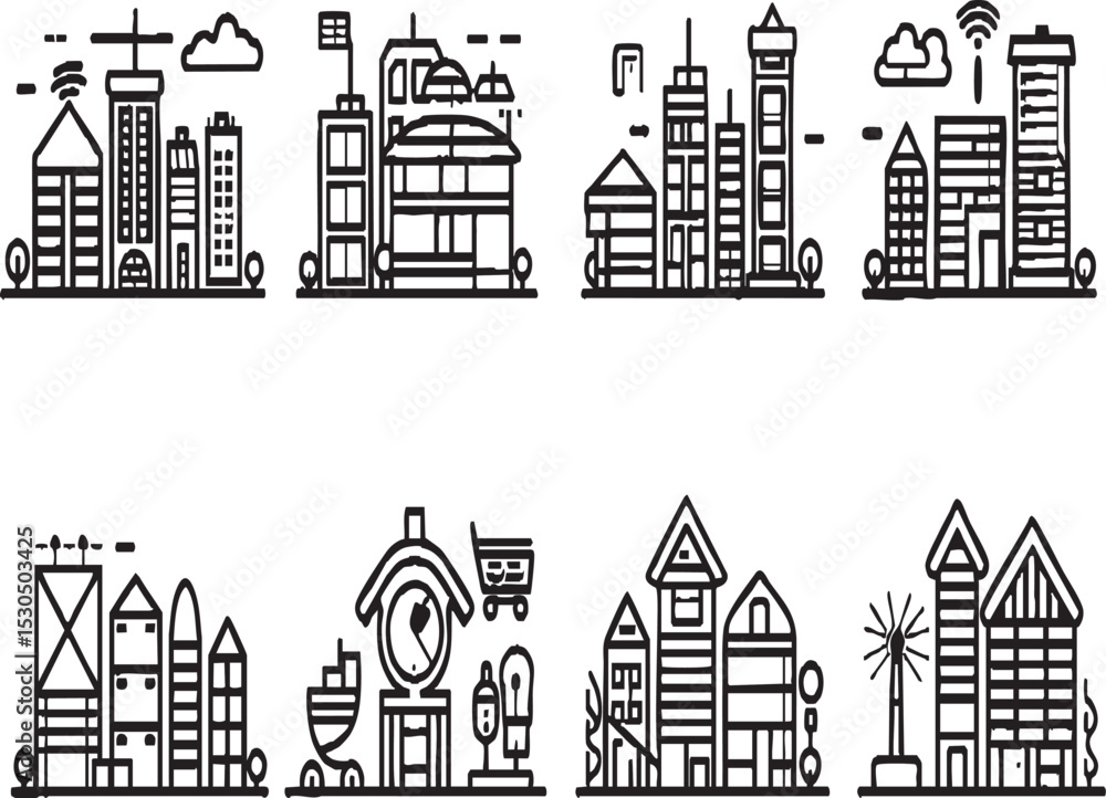Obraz premium Urban Landscape and Smart City Line Icons