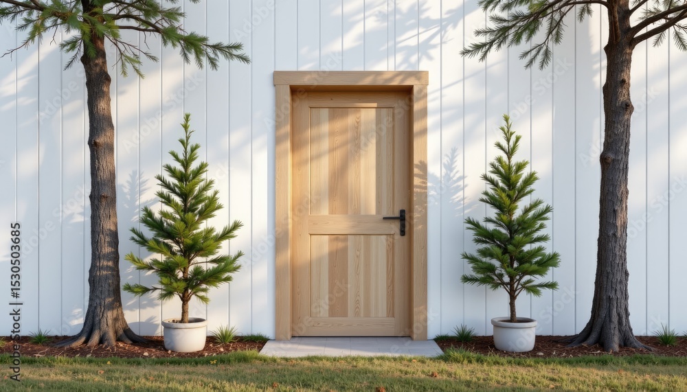 Fototapeta premium scandinavian white panel wall with pale oak door, pine trees around, soft light and 4k sharpness