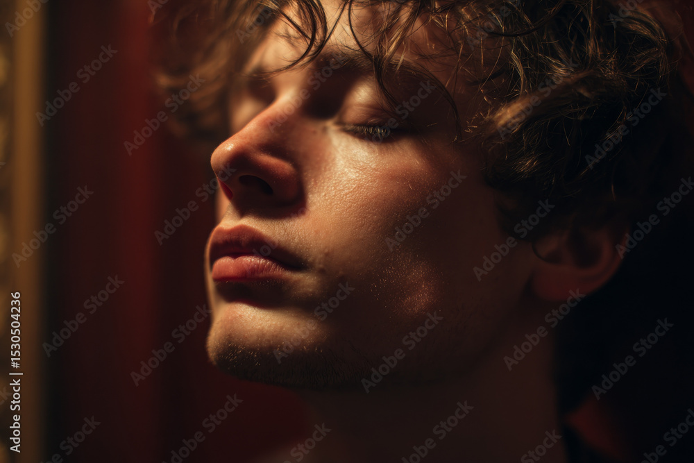 Young man breathing deep feels quiet contemplation and peace Young man breathing deep feels quiet contemplation and peace