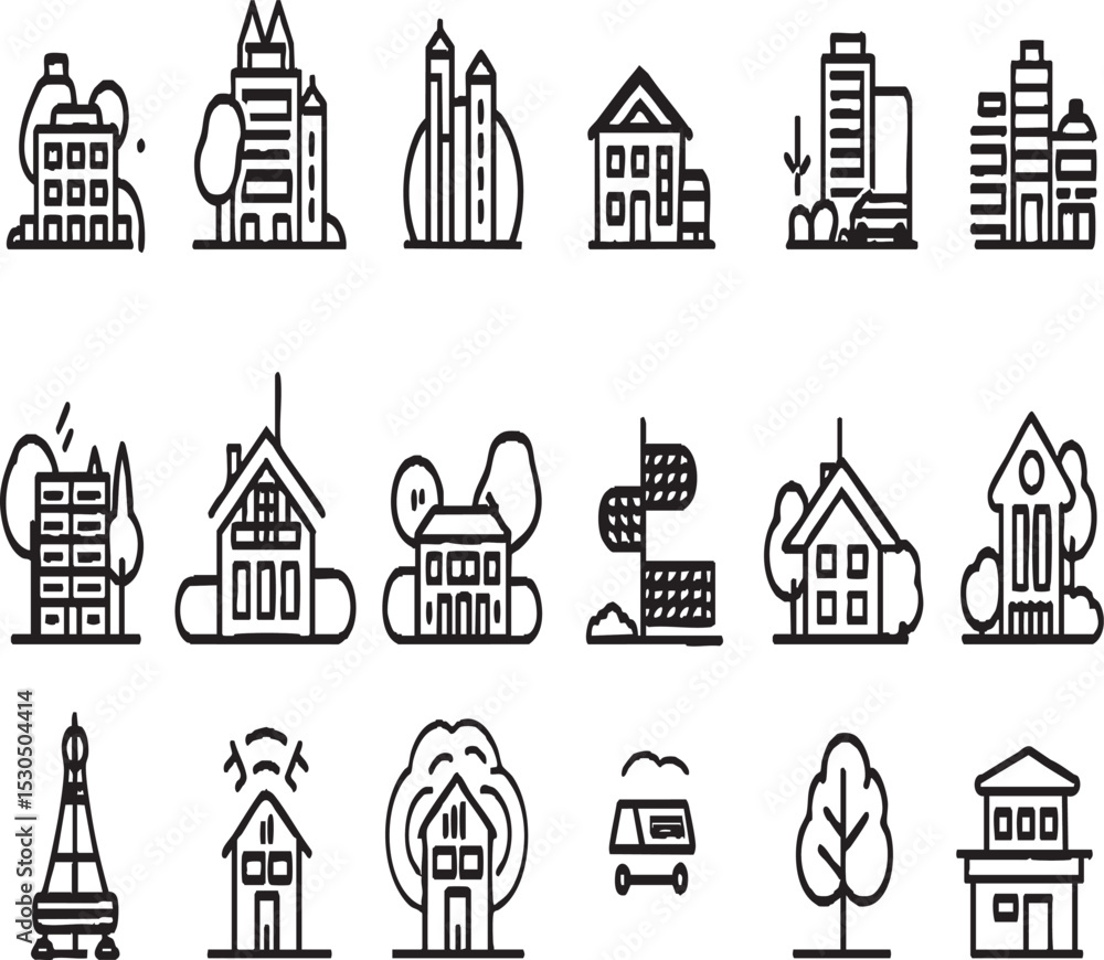 Fototapeta premium Real Estate and City Buildings Line Icons