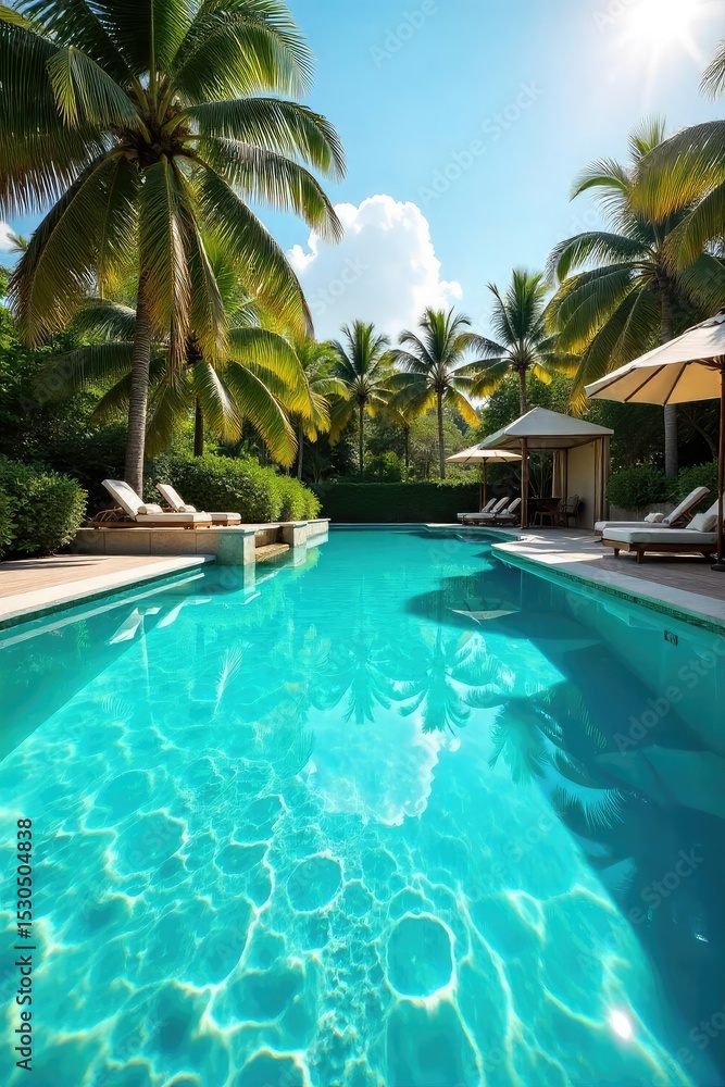 Vibrant turquoise pool water shimmers under the summer sun, reflecting the bright sky and surrounding lush greenery Perfect for travel, vacation, and summer themes , serene, backyard, heat Vibrant turquoise pool water shimmers under the summer sun, reflecting the bright sky and surrounding lush greenery Perfect for travel, vacation, and summer themes , serene, backyard, heat