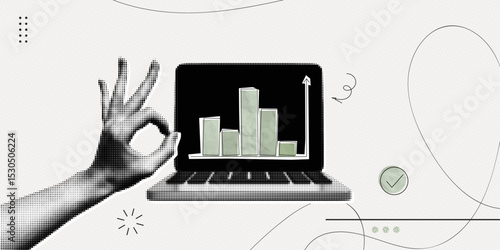 Trendy Halftone Collage Business and investment growth concept. Computer laptop with market statistics chart. Finance business data graph. Trending upwards. Contemporary vector illustration art