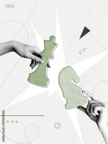 Trendy Halftone Collage Hands hold chess pieces. Abstract chessman. Game strategy. Strategic leader. Challenge your opponent. Paper texture. Contemporary vector illustration art