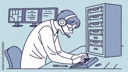 Illustration of a call center agent working at a desk with monitors and a filing cabinet behind him