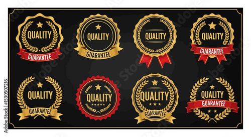 Collection of Golden Quality and Guarantee Badges with Ribbons