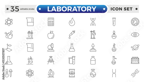 Laboratory outline icon set. Chemistry doodle illustration including icons. Containing experiment, test tube, microscope, flask, chemical, biology, and research. Editable stroke outline icon.
