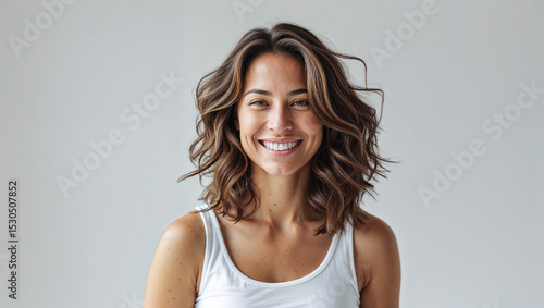 Beautiful smiling woman with brown hair and white tank top looking at the camera