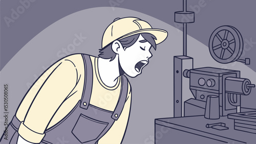 A man in overalls and a cap is standing next to a machine with an open mouth in a gray room looking scared