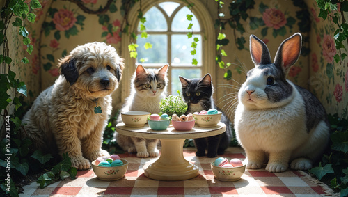 Charming gathering of animals with macarons in a whimsical and enchanting cottage scene