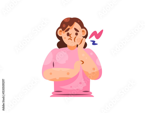 illustration of a girl holding her swollen cheek. feeling uncomfortable and pain in the cheek and teeth. toothache concept. inflammation. health problems. expression and gesture. flat style character 