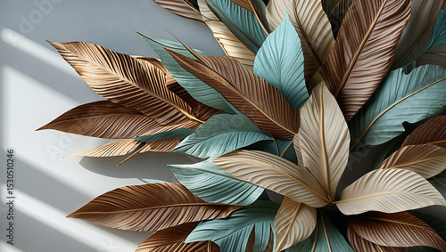 Decorative leaves in earthy tones with subtle green and blue accents on a light background