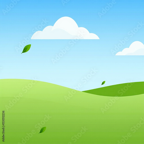 Serene green hills landscape under a blue sky with fluffy clouds