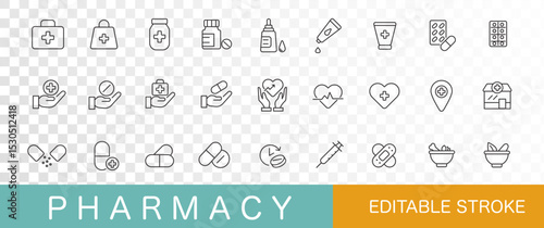 Pharmacy icon set. Set collection. Thin line . Editable stroke. Minimalist icon set. Vector illustration 