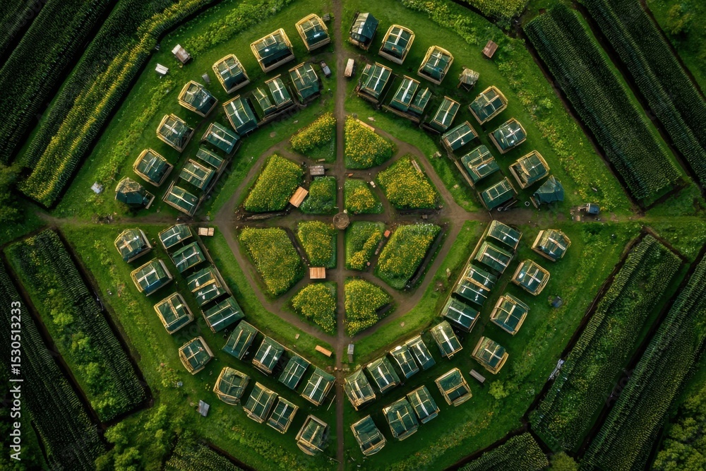 Obraz premium Aerial View Reveals Octagon Farm Layout Featuring Greenhouses, Floral Gardens, and Adjacent Agricultural Fields in Rural Setting
