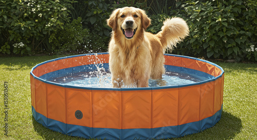 Happy Golden Retriever Dog Playing in a Collapsible Orange and Blue Outdoor Pool