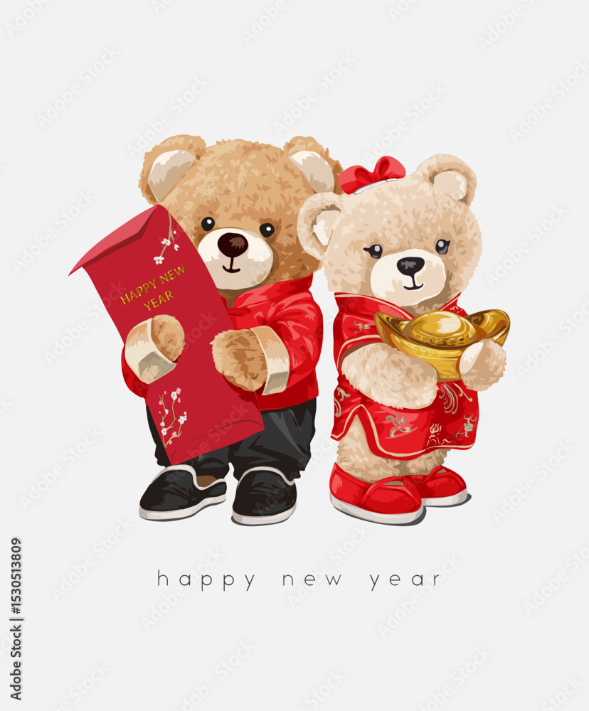 Obraz premium cute bear couple in Chinese traditional costume vector illustration hand drawn - not auto trace