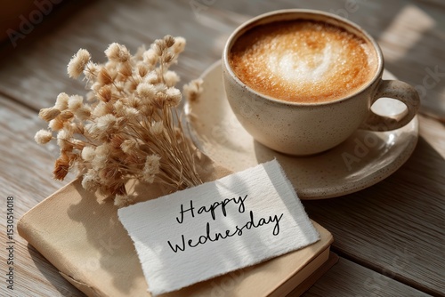 Coffee Cup with Foam and Dried Flowers on Wooden Table with Happy Wednesday Note